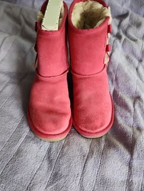 Koolaburra Pink Suede Bow-Accent Shearling Boots
